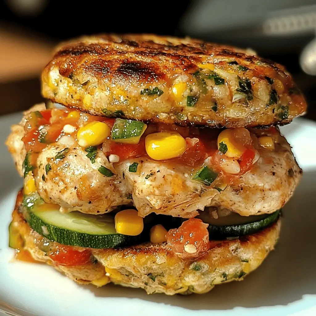 Juicy chicken burgers packed with fresh zucchini and sweet corn come alive with a refreshing tomato cucumber relish. Perfect for summer grilling or a quick weeknight dinner, these burgers are a delicious twist on the classic. Save this recipe for your next cookout or family meal and enjoy a burst of flavors that everyone will love!